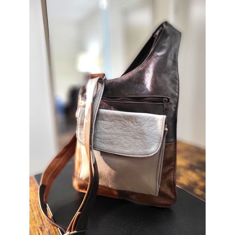Vintag Asymmetrical Earth Tone Colorblock Distressed Patchwork Leather Crossbody